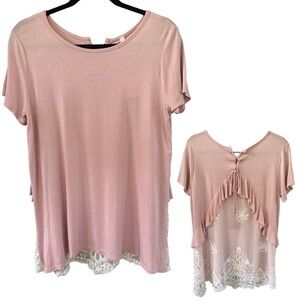 ORANGE CREEK Women's Shortsleeve Tunic Top Tee w/Lace and Ruffled Back | Size: L